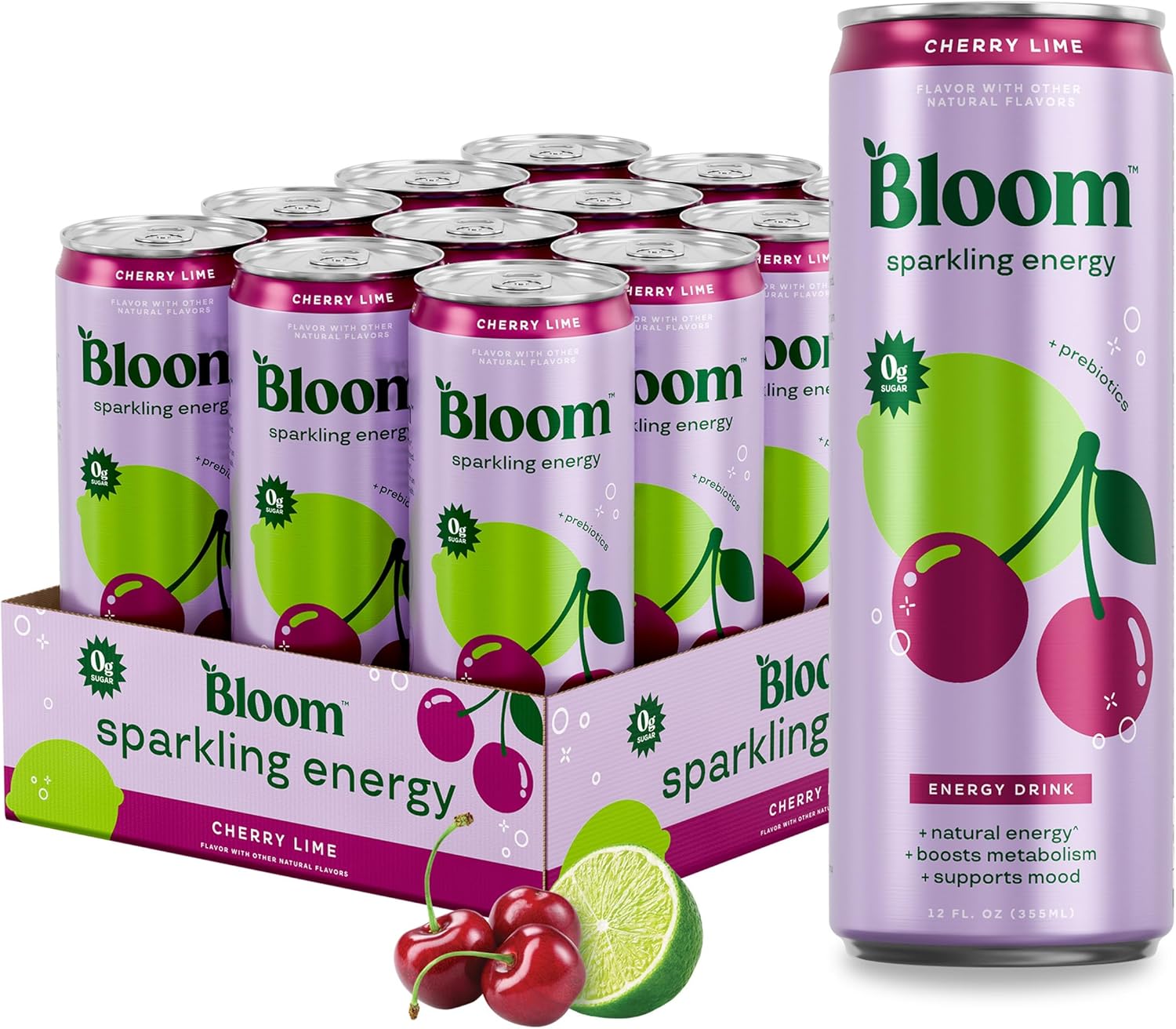 Bloom Nutrition Sparkling Energy Drink – Natural Caffeine, Zero Sugar, 180mg Caffeine – Antioxidant-Rich with Green Coffee Bean, Green Tea Extract, Prebiotics – Wellness Beverage for Focus & Metabolism – Cherry Lime – 12oz 12 Pack