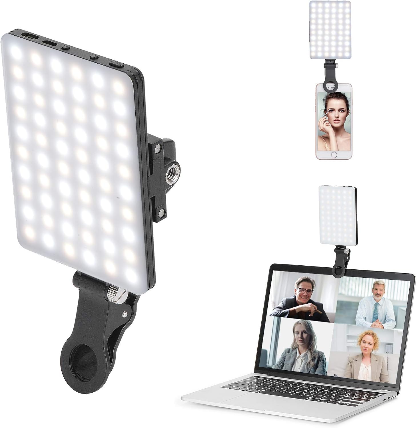 Newmowa 60 LED High Power Rechargeable Clip Fill Video Conference Light with Front & Back Clip, Adjusted 3 Light Modes for Phone, iPhone, Android, iPad, Laptop, for Makeup, TikTok, Selfie, Vlog