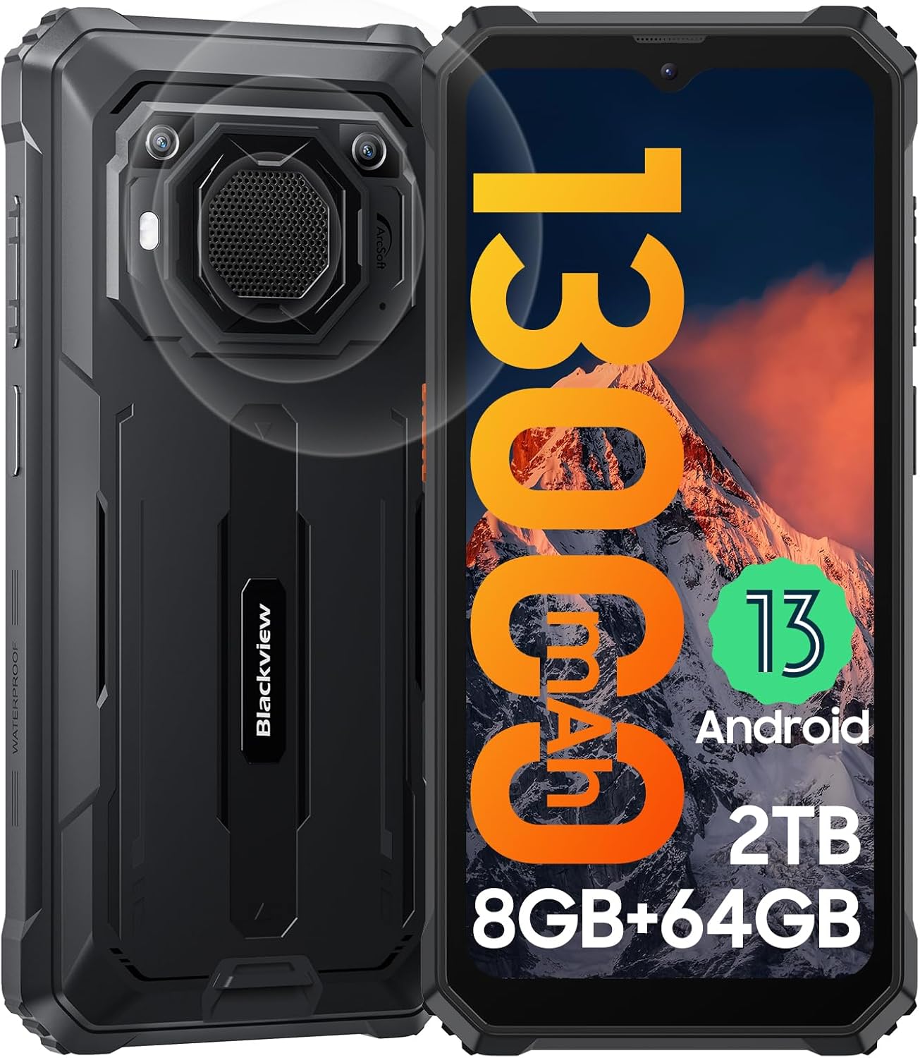 Blackview Rugged Smartphone Unlocked, 2023 BV6200 Rugged Phones, 13000mAh Battery 18W Fast Charge, Android 13, 8GB+64GB/2TB Expand, Waterproof Mobile Phones, Three Card Slots, 6.56″ Display, T-Mobile