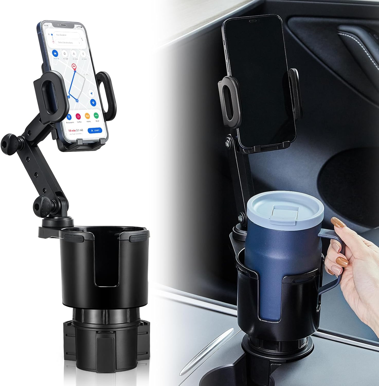 Car Cup Holder Expander Adjustable Base with Phone Mount THIS HILL 360° Rotation Cup Holder Cell Phone Holder for Car Compatible with iPhone All Smartphones