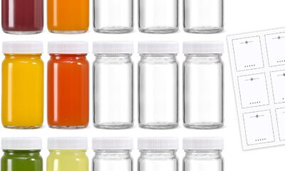 15 Pack 2 oz Glass Shot Bottles w/ White Lids & 15 Labels – Small Clear Jar for Ginger, Wellness Shot, Juice, Sample, Whiskey – Travel Mini Bottles – Wide Mouth, Leakproof, Dishwasher Safe