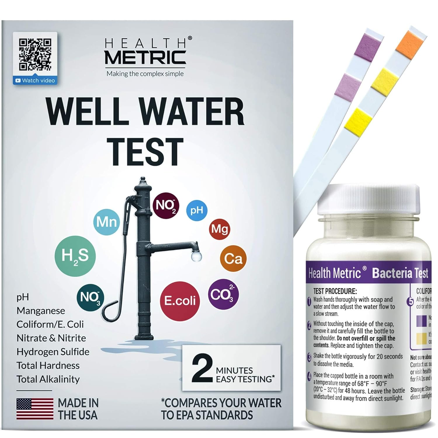 Well Water Test Kit for Drinking Water – Quick and Easy Home Water Testing Kit for Bacteria Nitrate Nitrite pH Manganese & More | Made in The USA in Line with EPA Limits [NO MAILING Required]