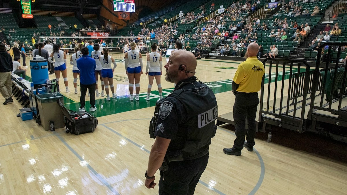 Colorado State University police behind the San Jose State University Spartans bench monitor Moby Arena during an NCAA Mountain West women’s volleyball game between the Spartans and the Colorado State Rams in Fort Collins, Colo., on Thursday, Oct. 03, 2024.