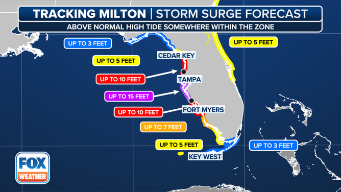 This graphic shows the storm surge forecast in Florida due to Hurricane Milton.