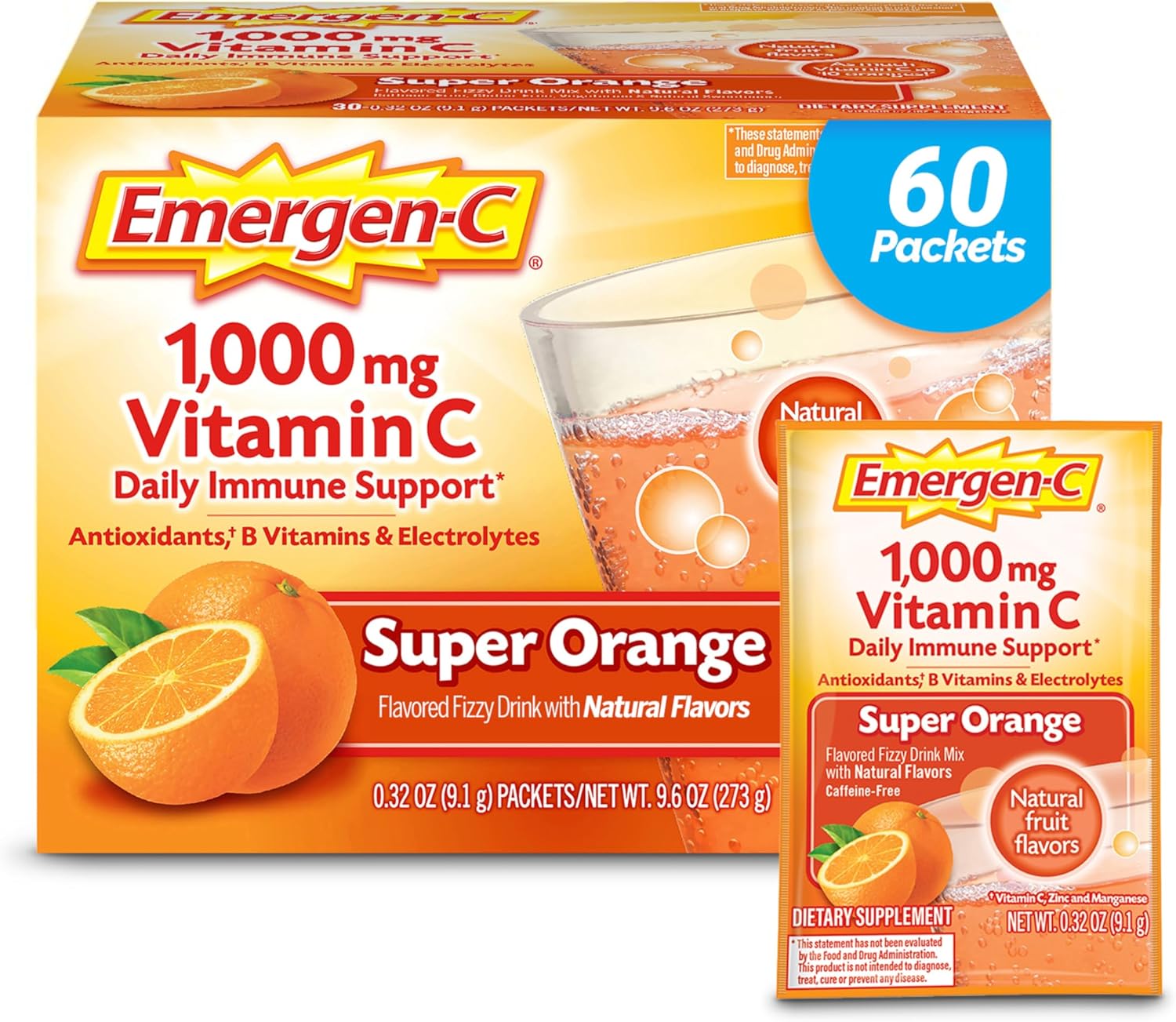 Emergen-C 1000mg Vitamin C Powder for Daily Immune Support Caffeine Free Vitamin C Supplements with Zinc and Manganese, B Vitamins and Electrolytes, Super Orange Flavor -60 Count(Pack of 1)