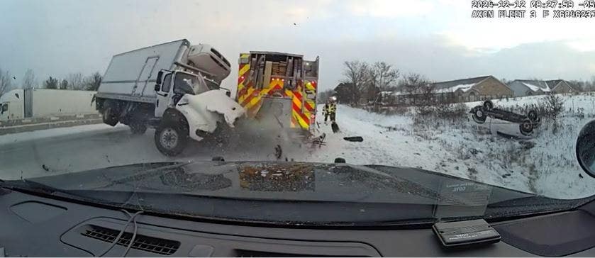 Wild dashcam video shows out-of-control truck slam into first responder vehicles on side of icy highway