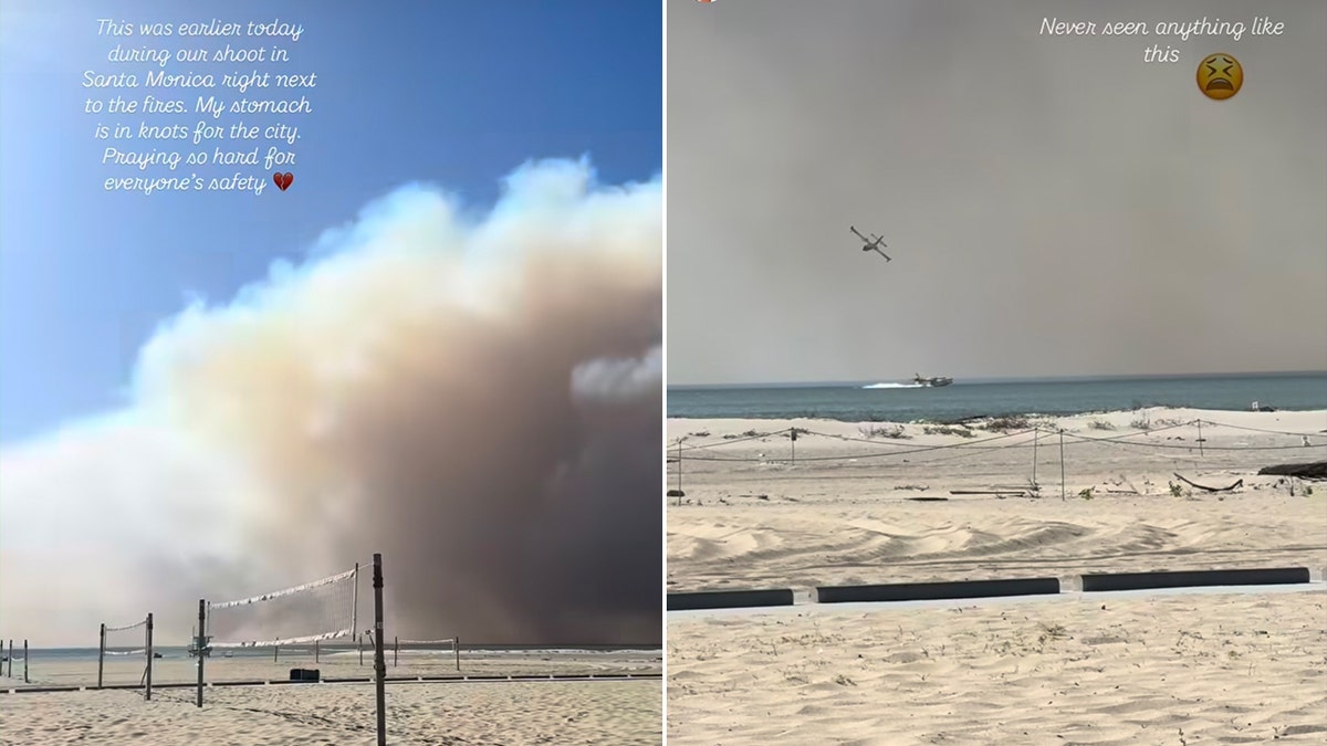 Screenshots taken from Jessie James Decker's Instagram showing the beach in Santa Monica and the dark clouds/sky