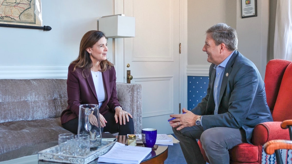 Gov.-elect Kelly Ayotte and Gov. Chris Sununu meet in the New Hampshire governor's office at the State House in Concord on Nov. 7, 2024.