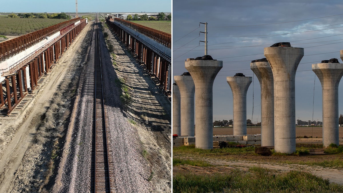 Ongoing construction of the California bullet train project is shown in Corcoran, left, and Hanford.