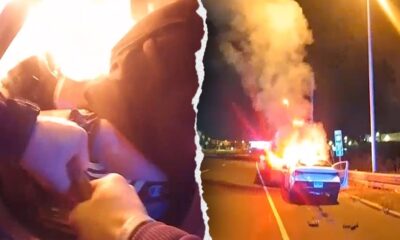 Hero police officer rescues unconscious driver from blazing wreckage