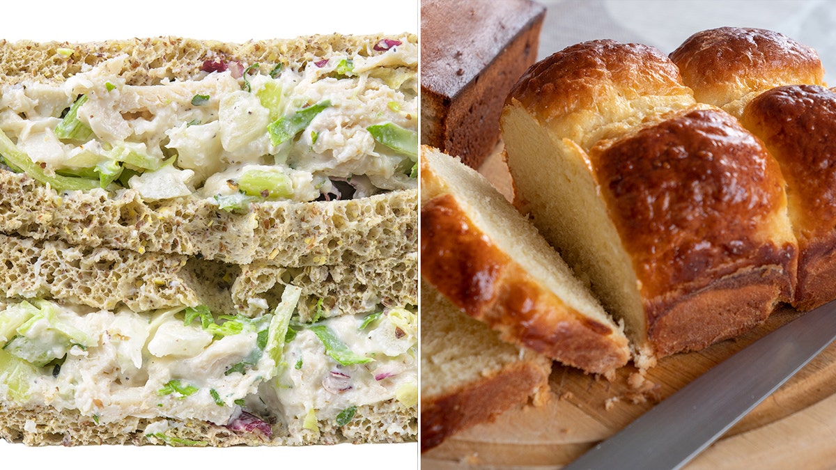 A close-up view of a chicken salad sandwich, left, and a close-up view of a loaf of brioche bread, right.