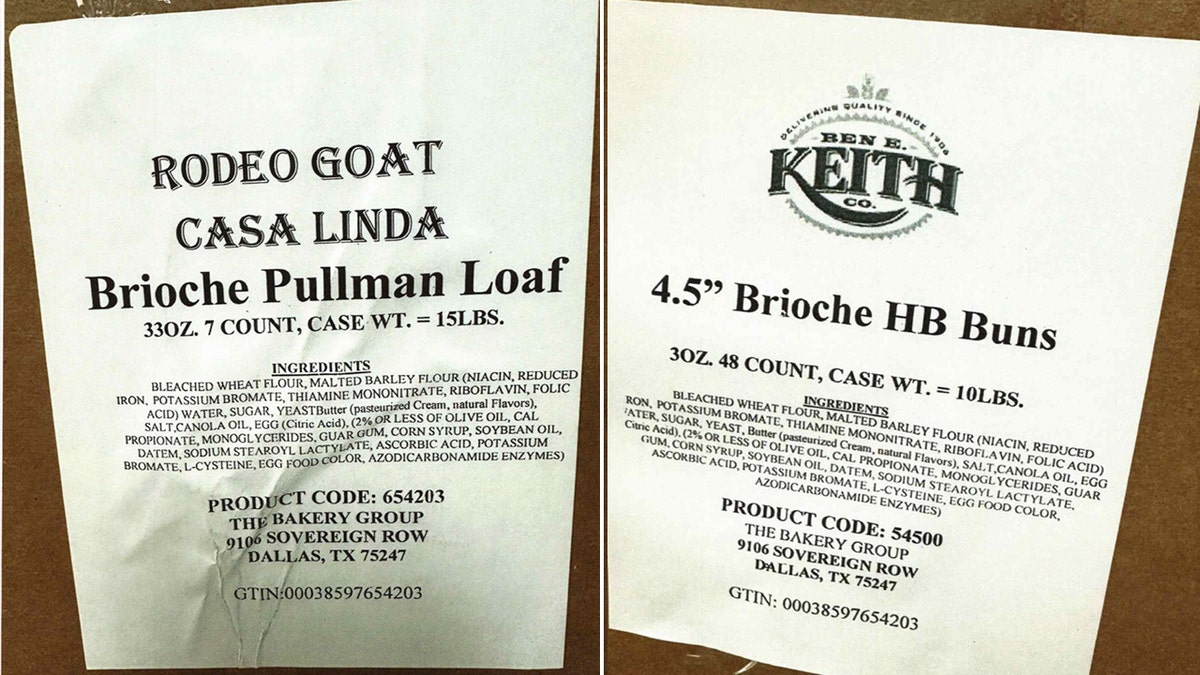 On the left is the label for the recalled Brioche Pullman Loaf sold at Rodeo Goat Casa Linda stores. On the right is the label for the recalled 4.5-inch Brioche HB Buns sold at the Ben E. Keith Co.