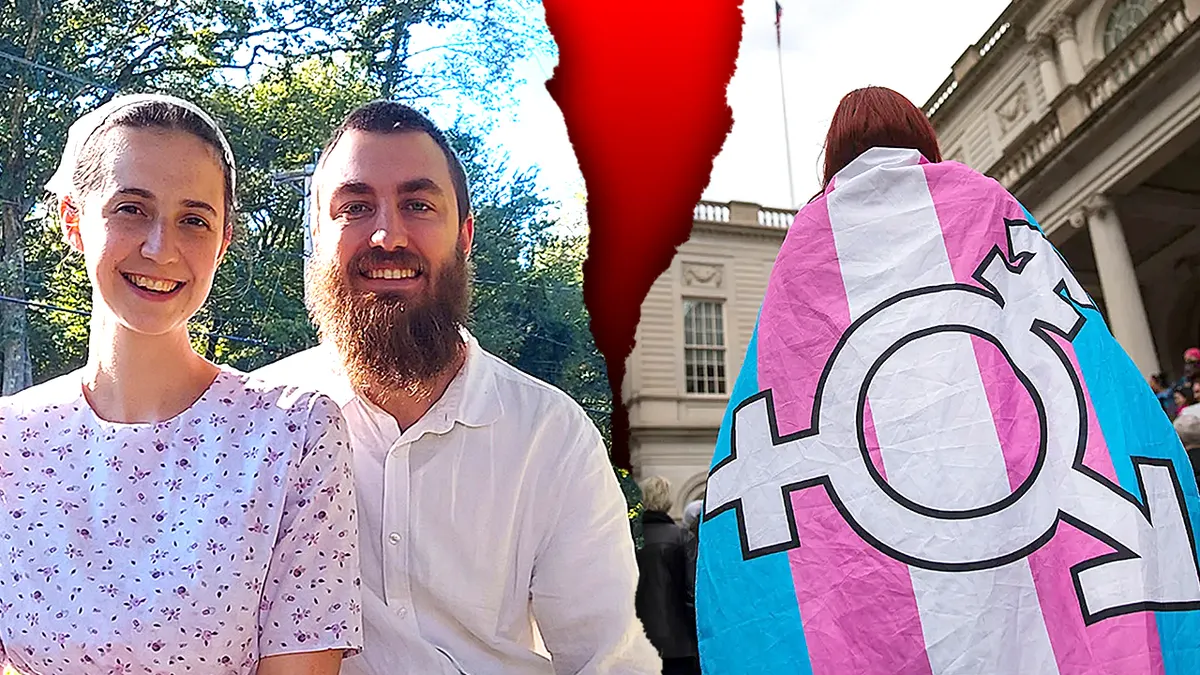 Nick and Audrey Jones sitting and smiling; Transgender flag draped on person