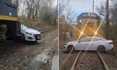 Train pushes car quarter-mile on tracks; 82-year-old driver suffers minor injuries